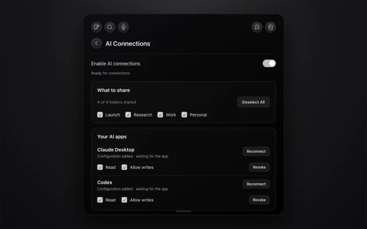 NotchPad AI Connections mockup with shared folders and separate read and write controls