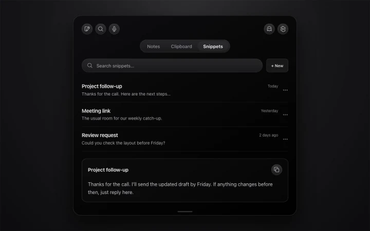 NotchPad snippets mockup with a named follow-up reply ready to copy