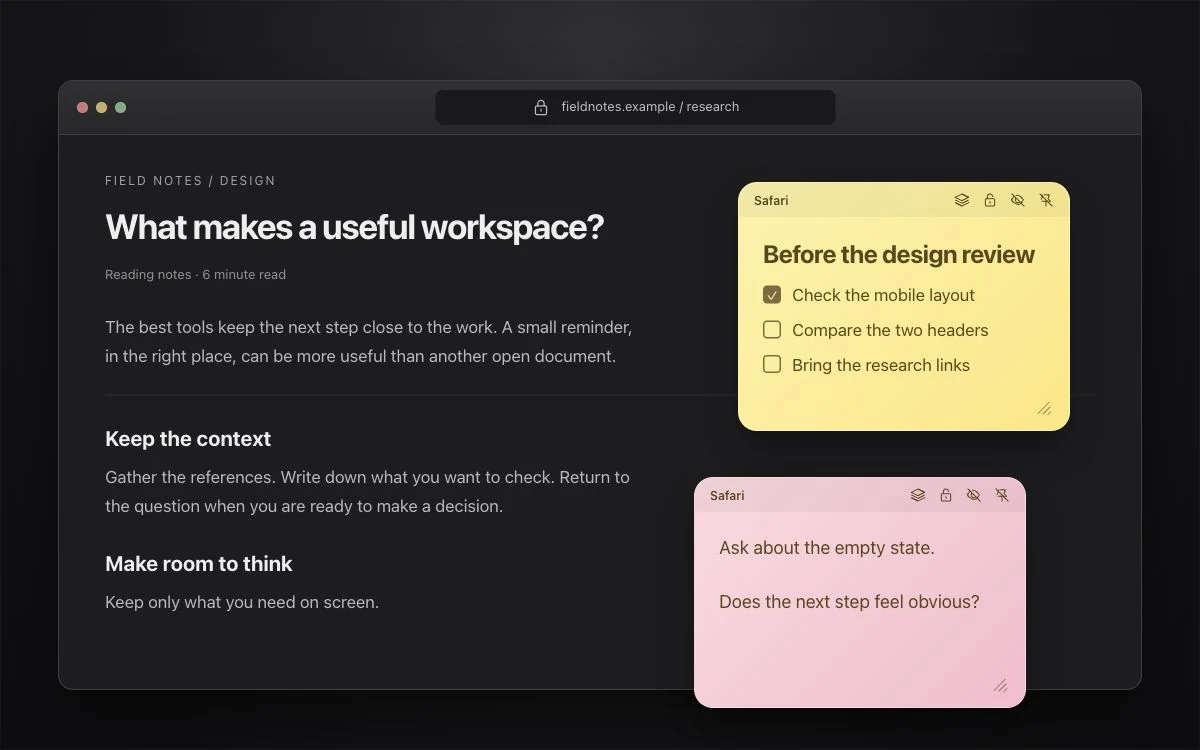 NotchPad sticky note mockup with a yellow checklist and pink reminder beside a Safari page